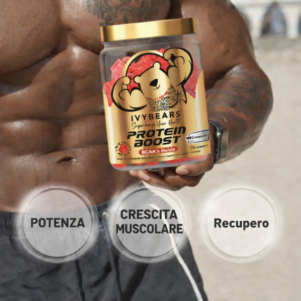 Uomo tiene un barattolo di caramelle gommose. Testo: Protein Boost, potenza, crescita muscolare, recupero.