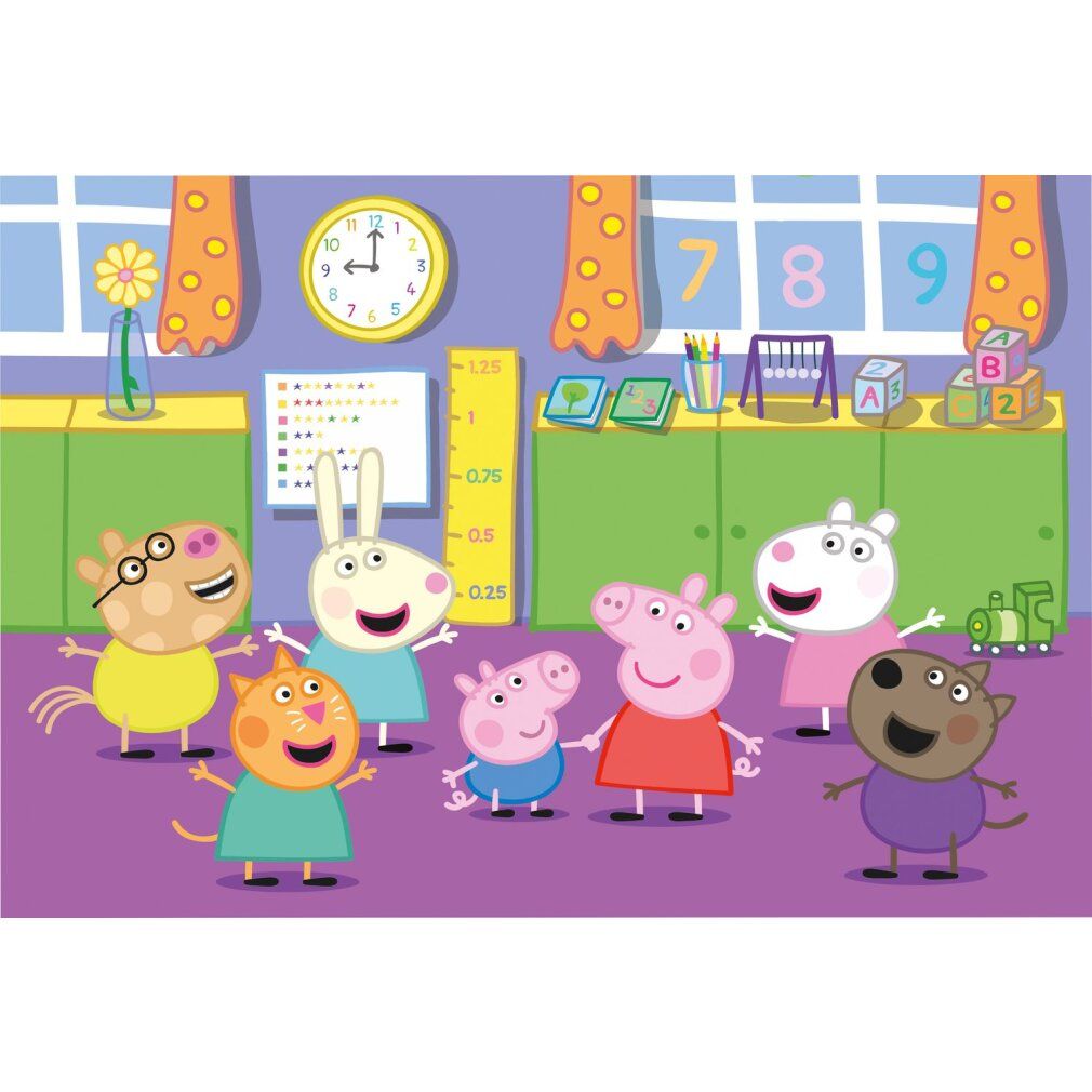 Puzzle da pavimento con personaggi Peppa Pig in un'aula. Personaggi: Peppa Pig, amici e insegnante. Sfondo: aula con orologio, numeri e mobili.