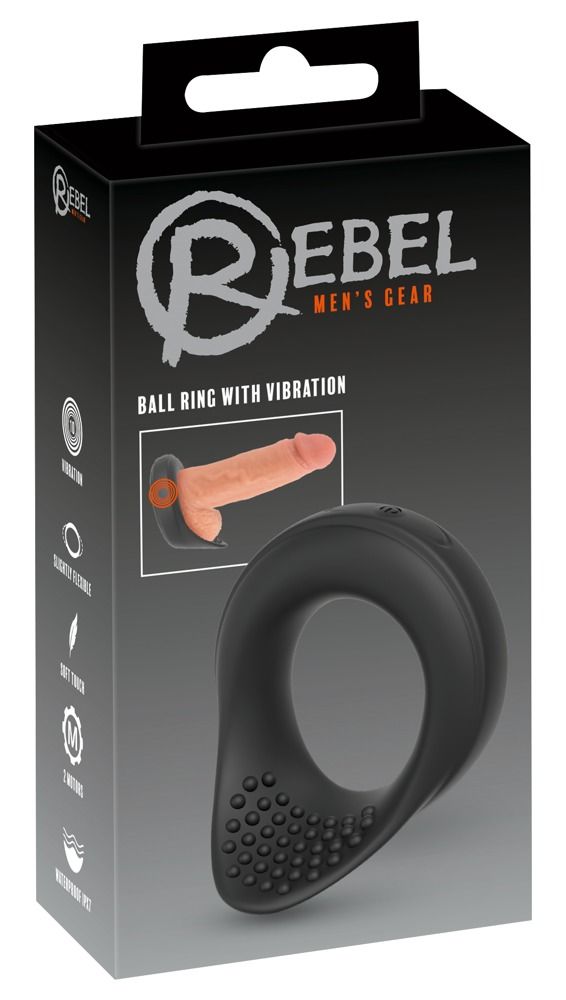 Confezione dell'anello testicolare Rebel con vibrazione, mostra l'immagine del prodotto.
