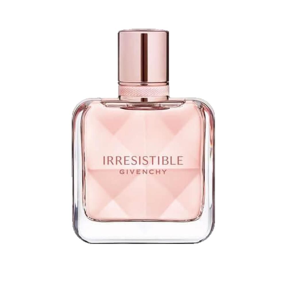 Givenchy Irresistible Eau de Parfum. Flacone quadrato in vetro con liquido rosa. Tappo rosa. Scritta: Irresistible, Givenchy.