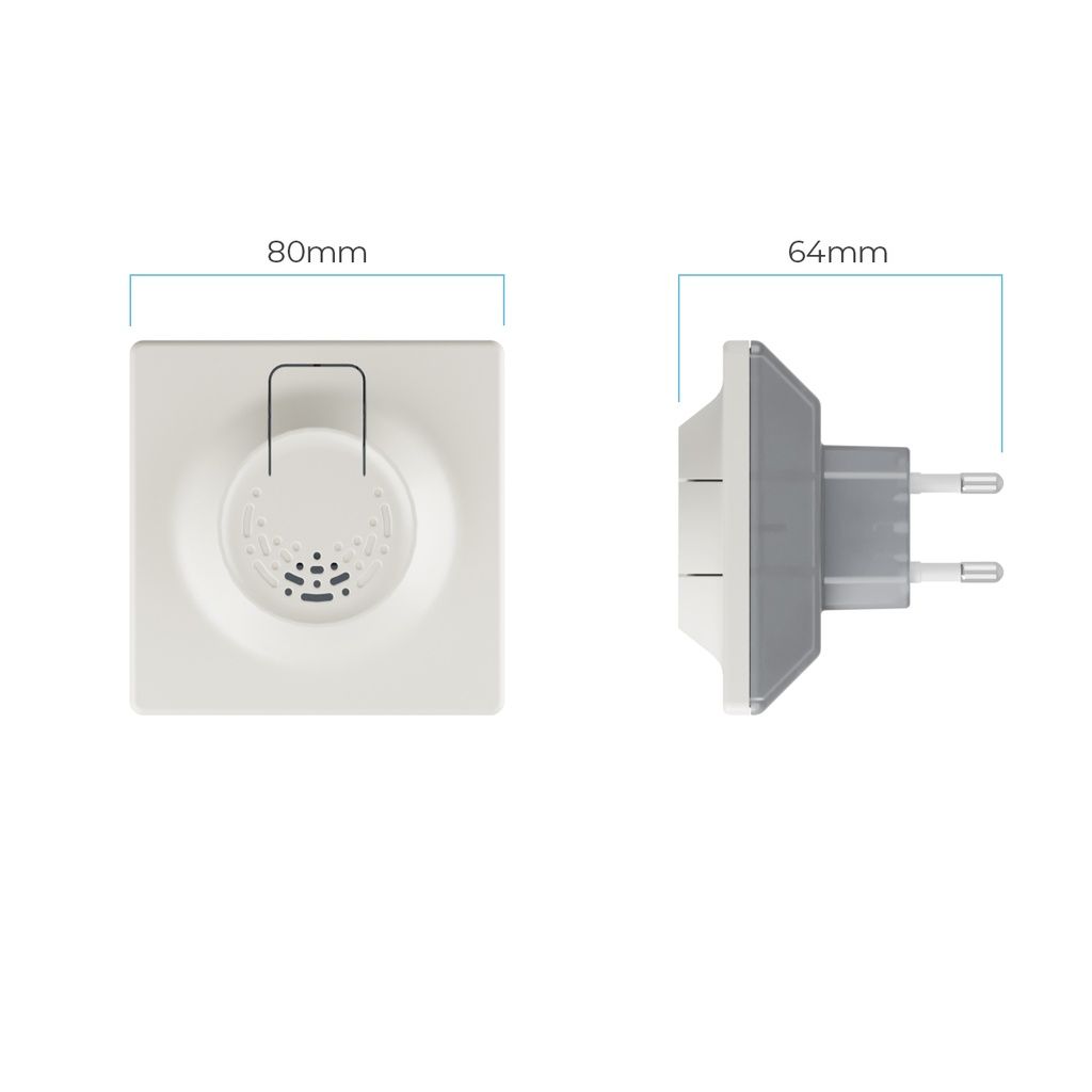 Dispositivo anti-acaro, color crema. Dimensioni: 80mm x 64mm. Spina elettrica visibile.