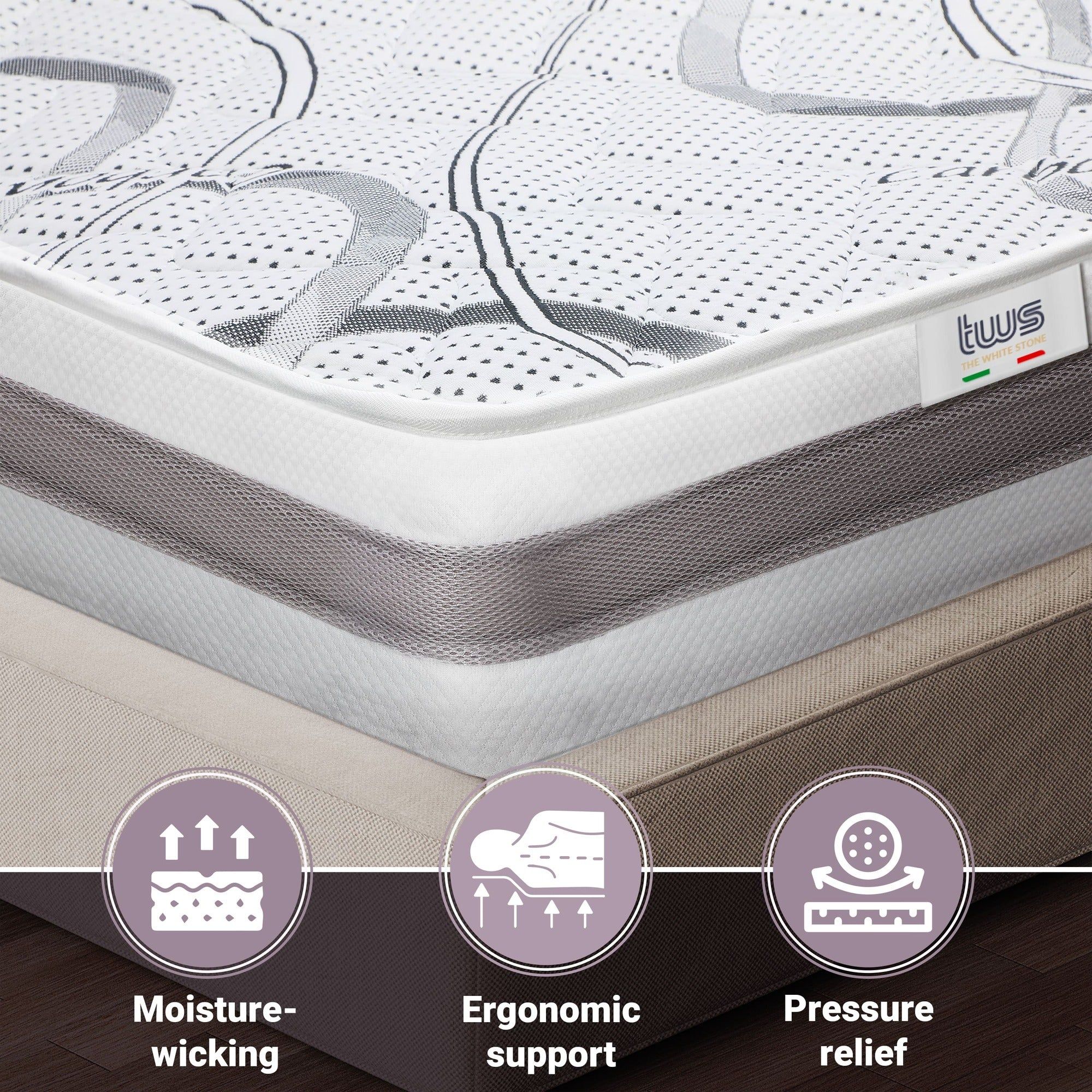 The White Stone Materasso a Una Piazza e Mezza 130x190 cm a Media Rigidita' | Altezza 25 cm
