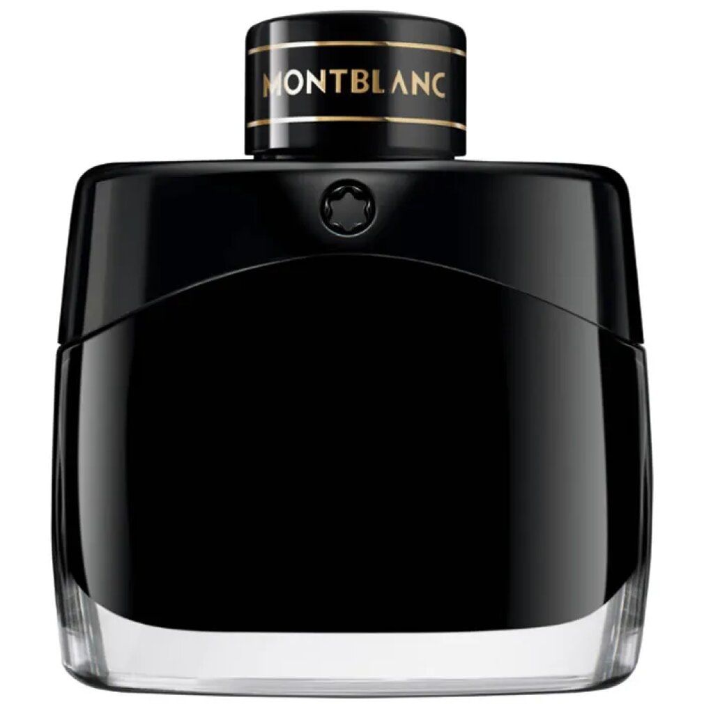 Flacone nero con tappo dorato. MONTBLANC è scritto sul tappo. Un logo è visibile sotto il tappo.