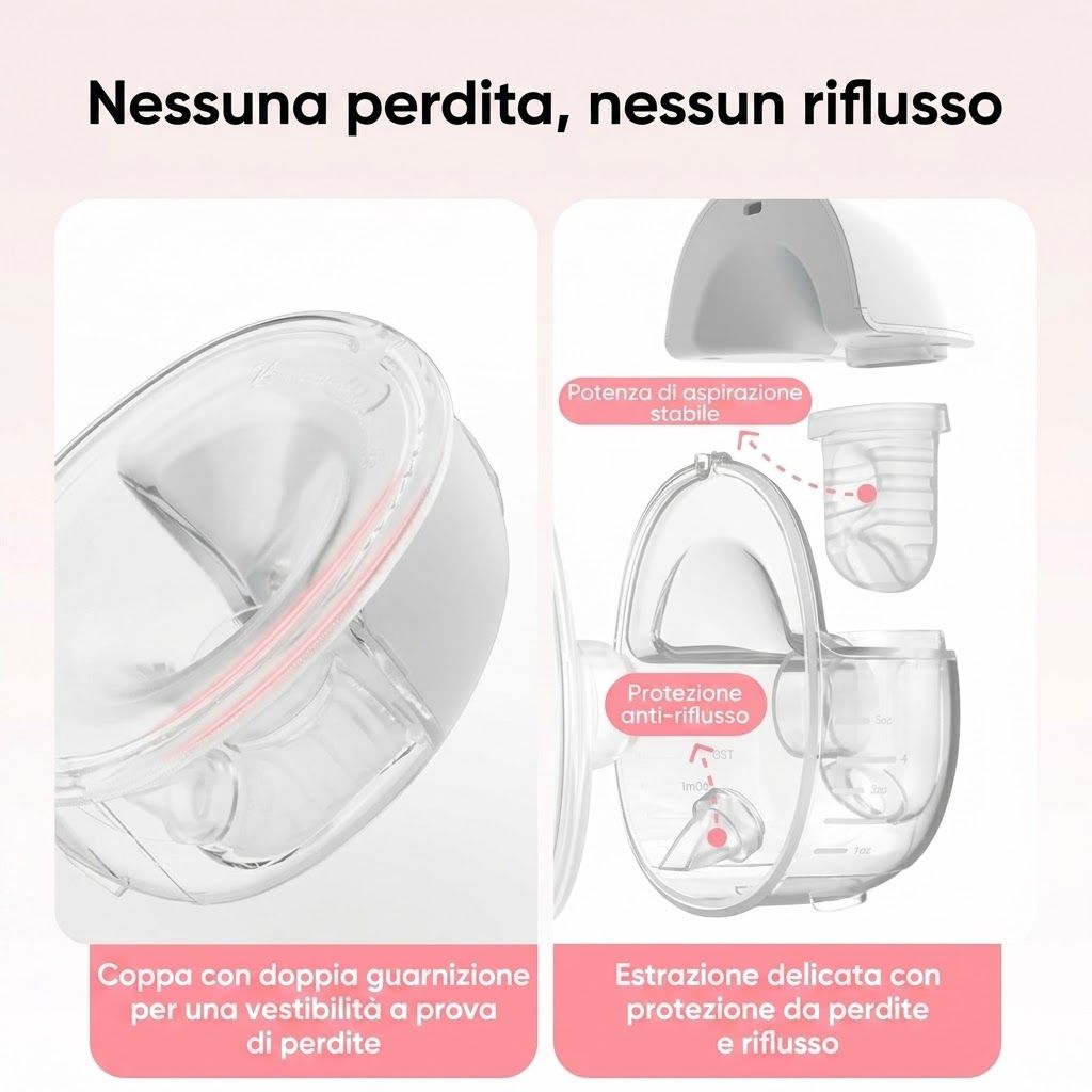Donna con tiralatte portatile. 9 livelli, 4 modalità: Auto, Massaggio, Estrazione, Stimolazione. Smart-Memory, Auto-Timer.