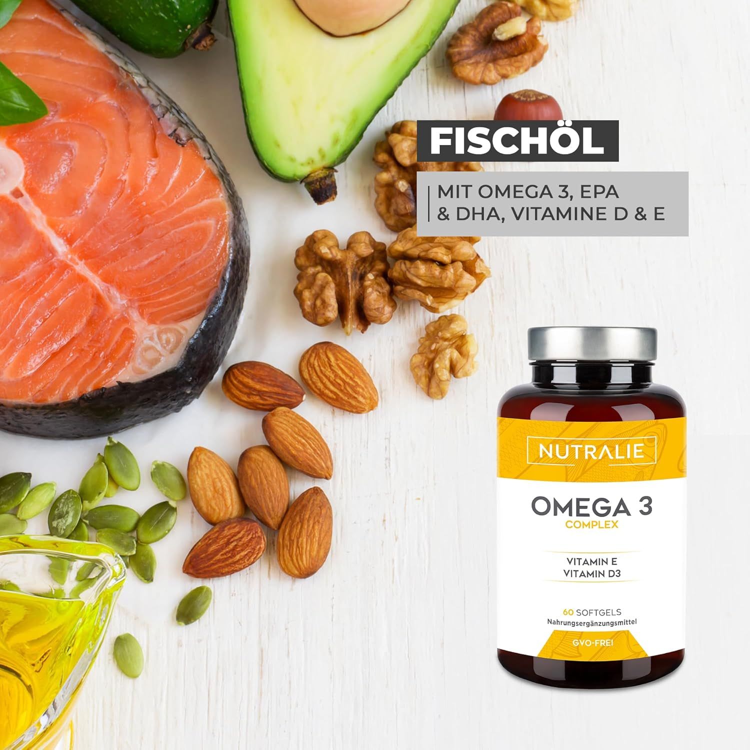Nutralie Omega 3 capsule con olio di pesce, avocado, noci e mandorle. Scritta: Omega 3 Complex, Vitamina E, D3.