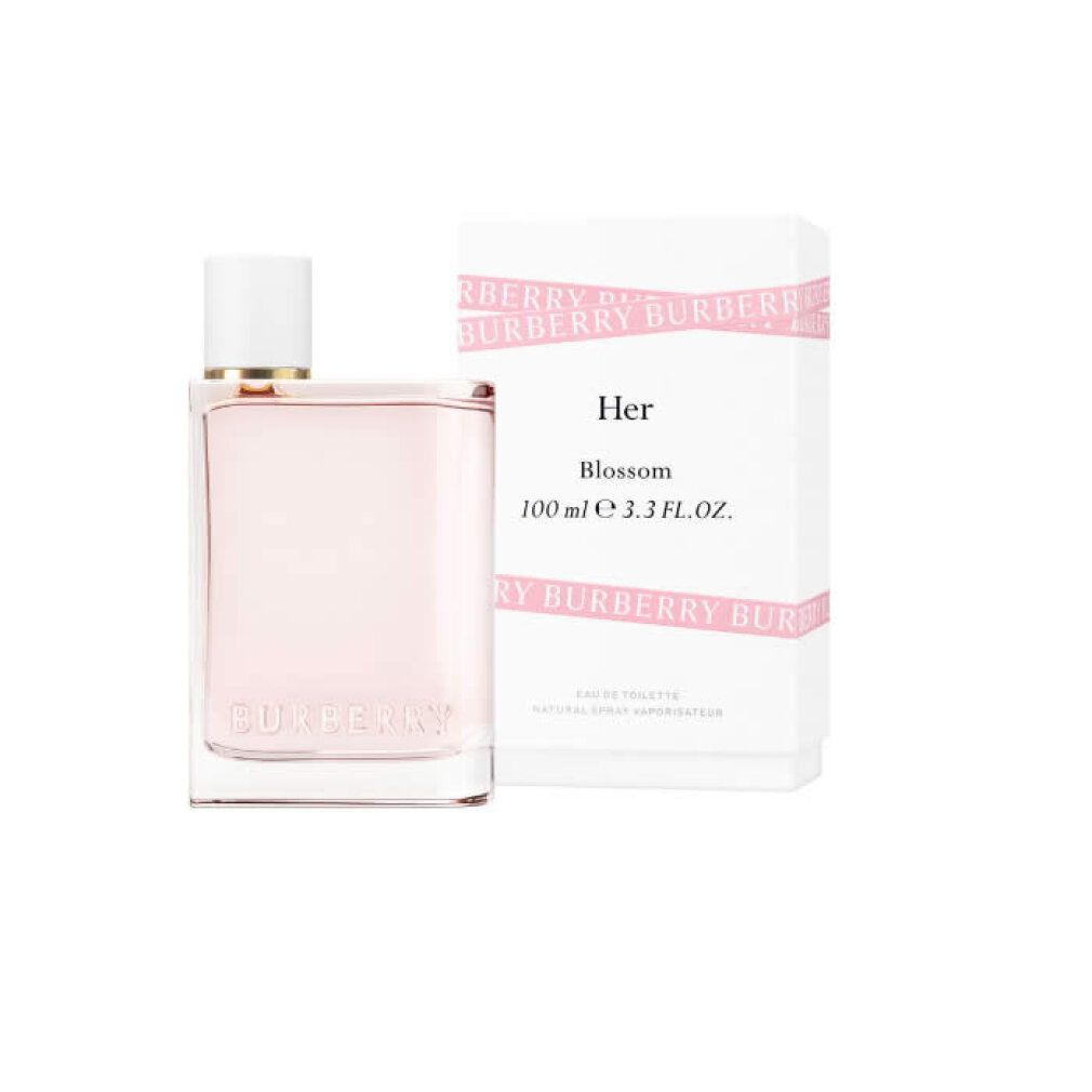 Flacone in vetro con liquido rosa e confezione bianca. Scritta: Her Blossom, 100 ml, 3.3 FL.OZ. Logo Burberry.