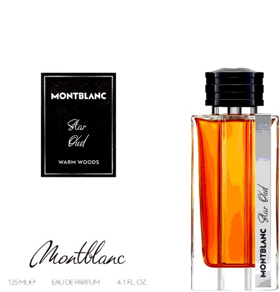 Flacone di profumo con tappo nero ed etichetta. L'etichetta riporta Montblanc Star Oud. Accanto, una scatola con logo e nome del prodotto.