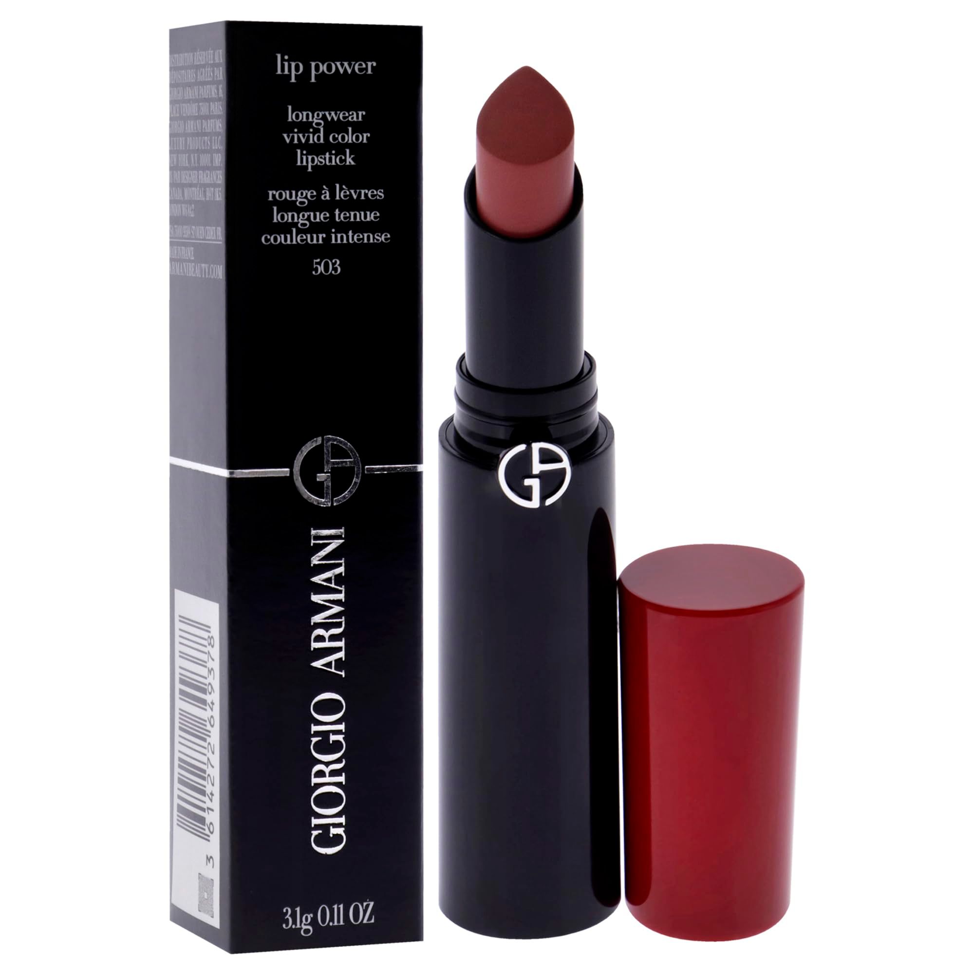 Rossetto rosso scuro, stick nero con logo, cappuccio rosso. Confezione con nome e marchio Giorgio Armani.