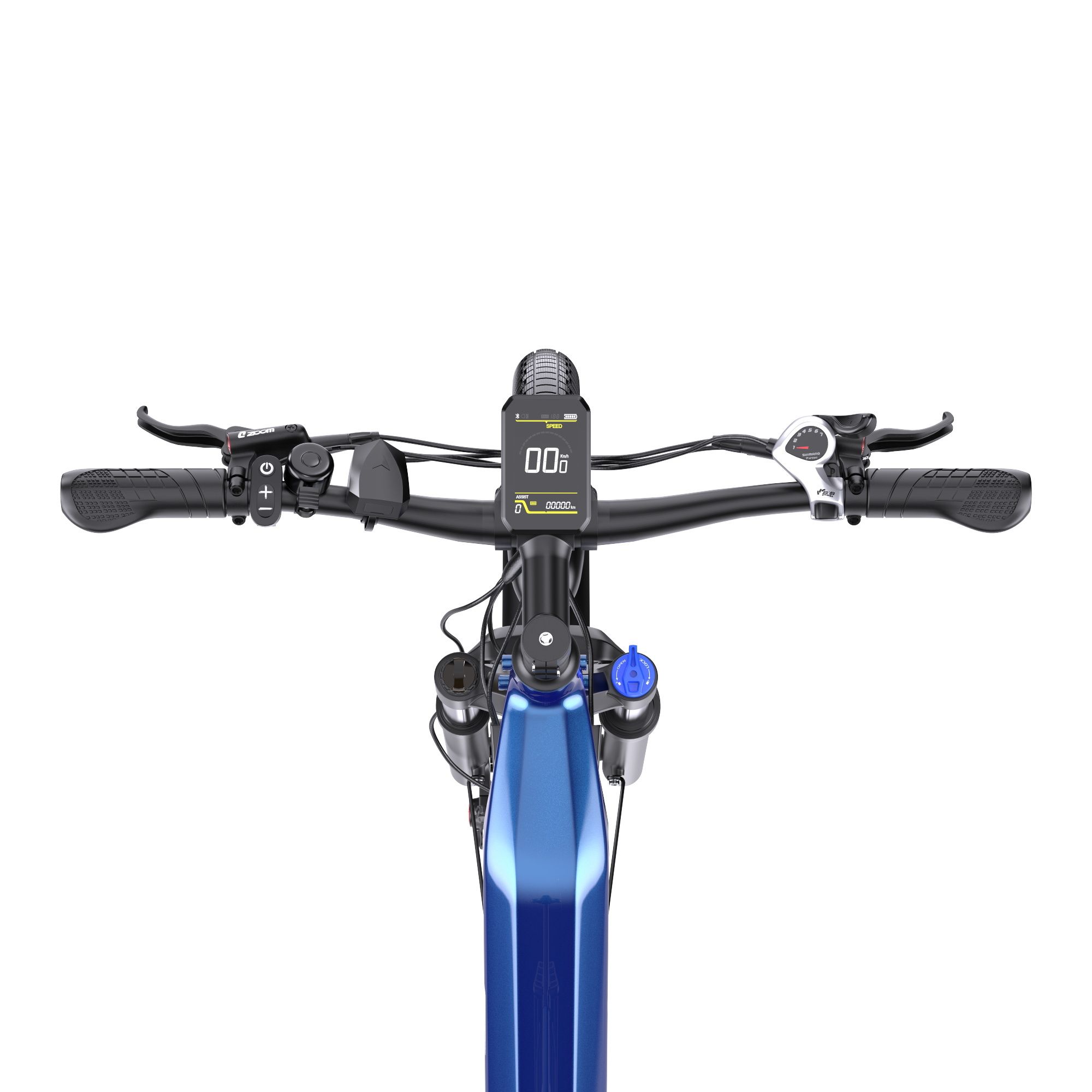Manubrio e-bike con display, comandi e forcella blu.