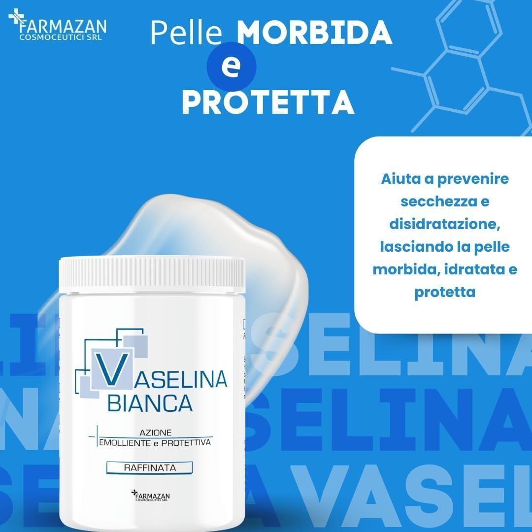 Prodotto bianco in un vasetto. Scritta: VASELINA BIANCA. Testo: AZIONE EMOLLIENTE E PROTETTIVA. Logo: FARMAZAN.