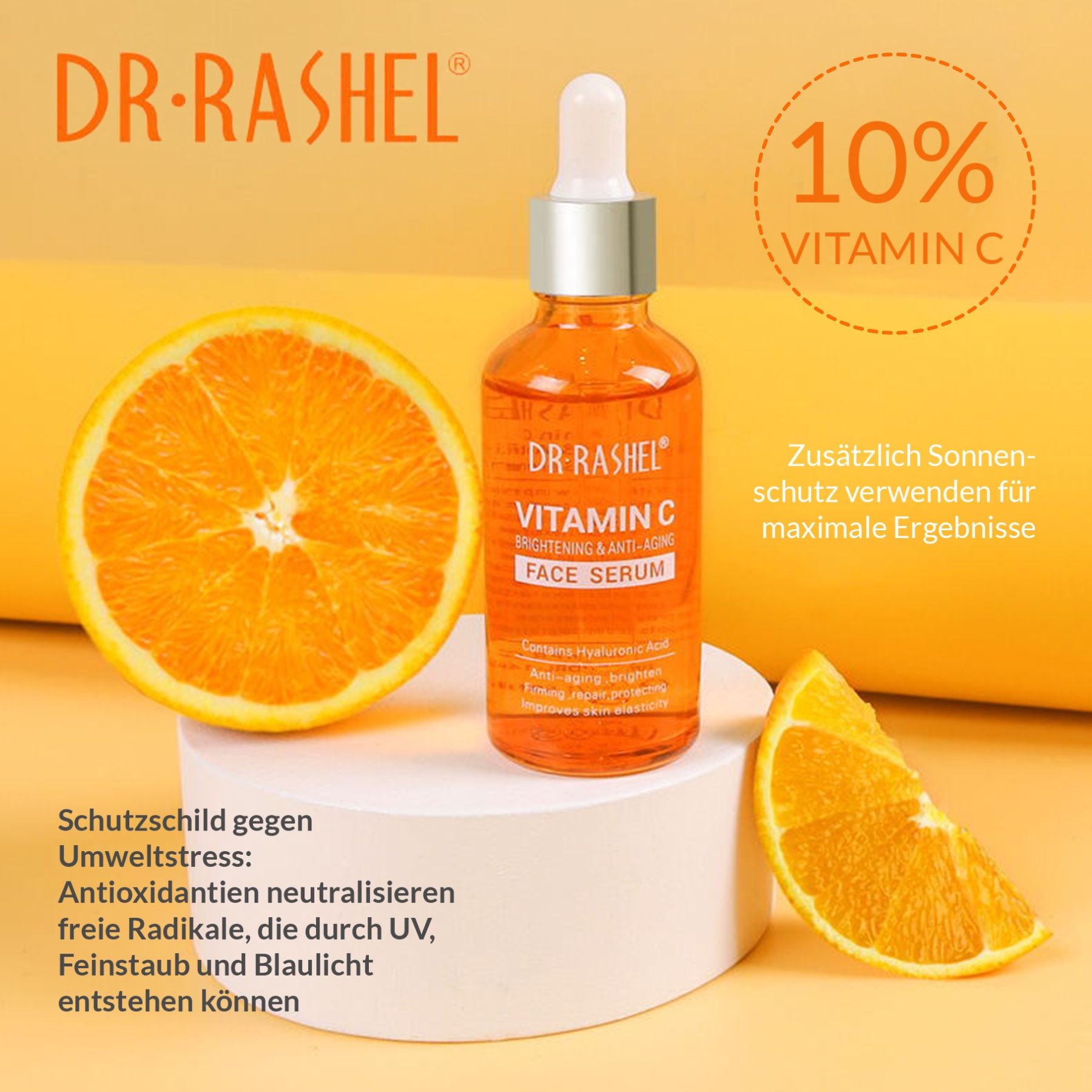 Flacone di siero DR. RASHEL alla vitamina C su piedistallo. Liquido arancione. Testo: Vitamin C, Brightening & Anti-Aging Face Serum. Sfondo arancione.