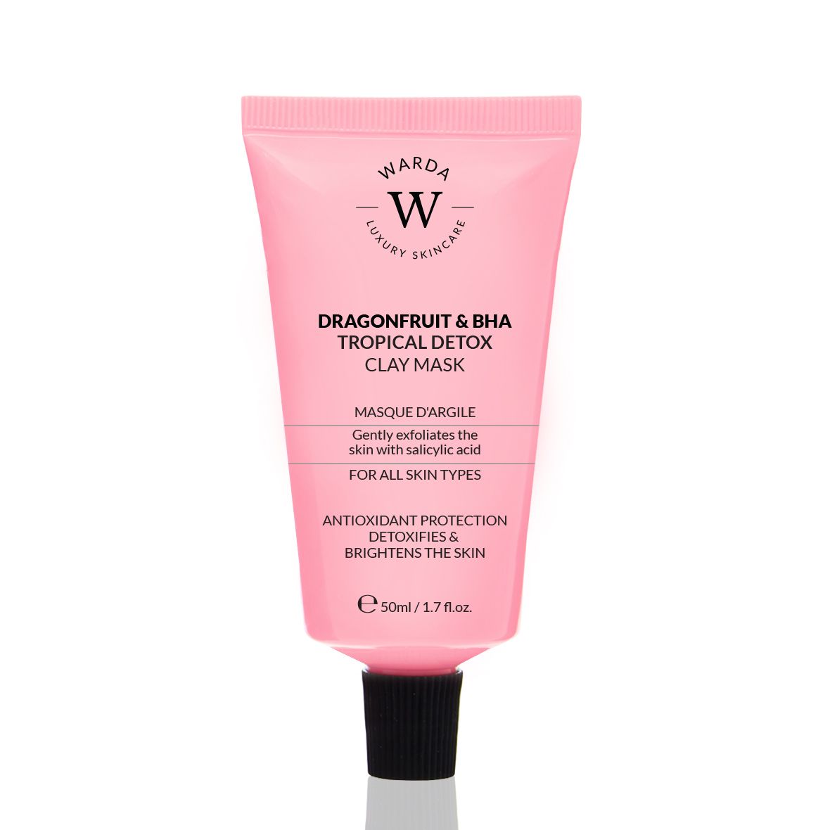 Tubo rosa con tappo nero. Scritta: Dragonfruit & BHA Tropical Detox Clay Mask. 50ml.