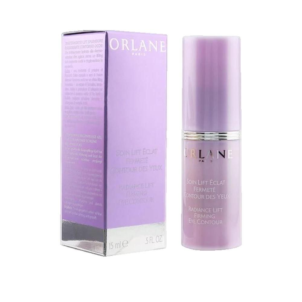 Gel contorno occhi Orlane con confezione. Flacone e scatola viola. Testo: Soin Lift Éclat, Fermeté, Contour des Yeux. 15 ml.