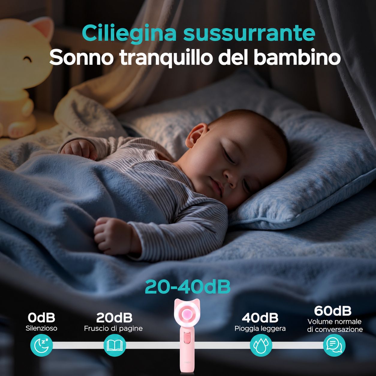Bambino che dorme. Set manicure rosa con anello luminoso a LED. Livello di rumore: 20-40dB.