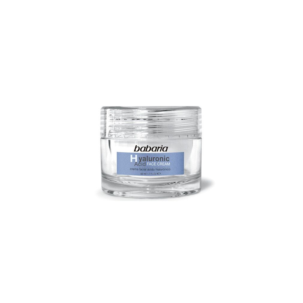 Vasetto di vetro con etichetta blu. Scritta: Babaria Hyaluronic Acid Face Cream.