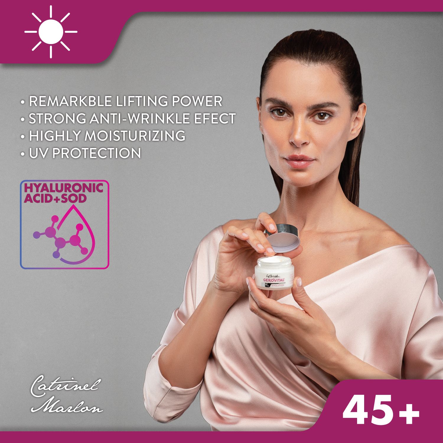 Donna tiene un vasetto di crema. Testo: Potere lifting notevole, forte effetto antirughe, altamente idratante, protezione UV.