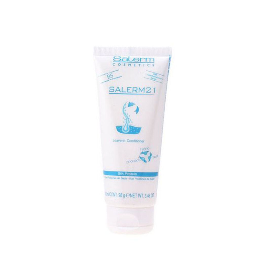 Tubo bianco con testo blu. Contiene Salerm21 Leave-in Conditioner. Nome del prodotto e logo visibili.