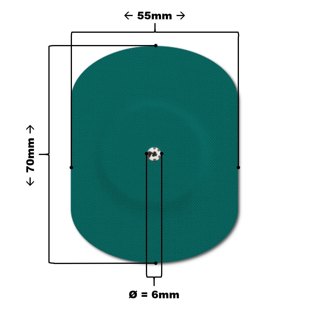 Cerotto ovale verde scuro con foro di ventilazione. Dimensioni: 70x55mm. Foro: Ø 6mm. Superficie tessile.