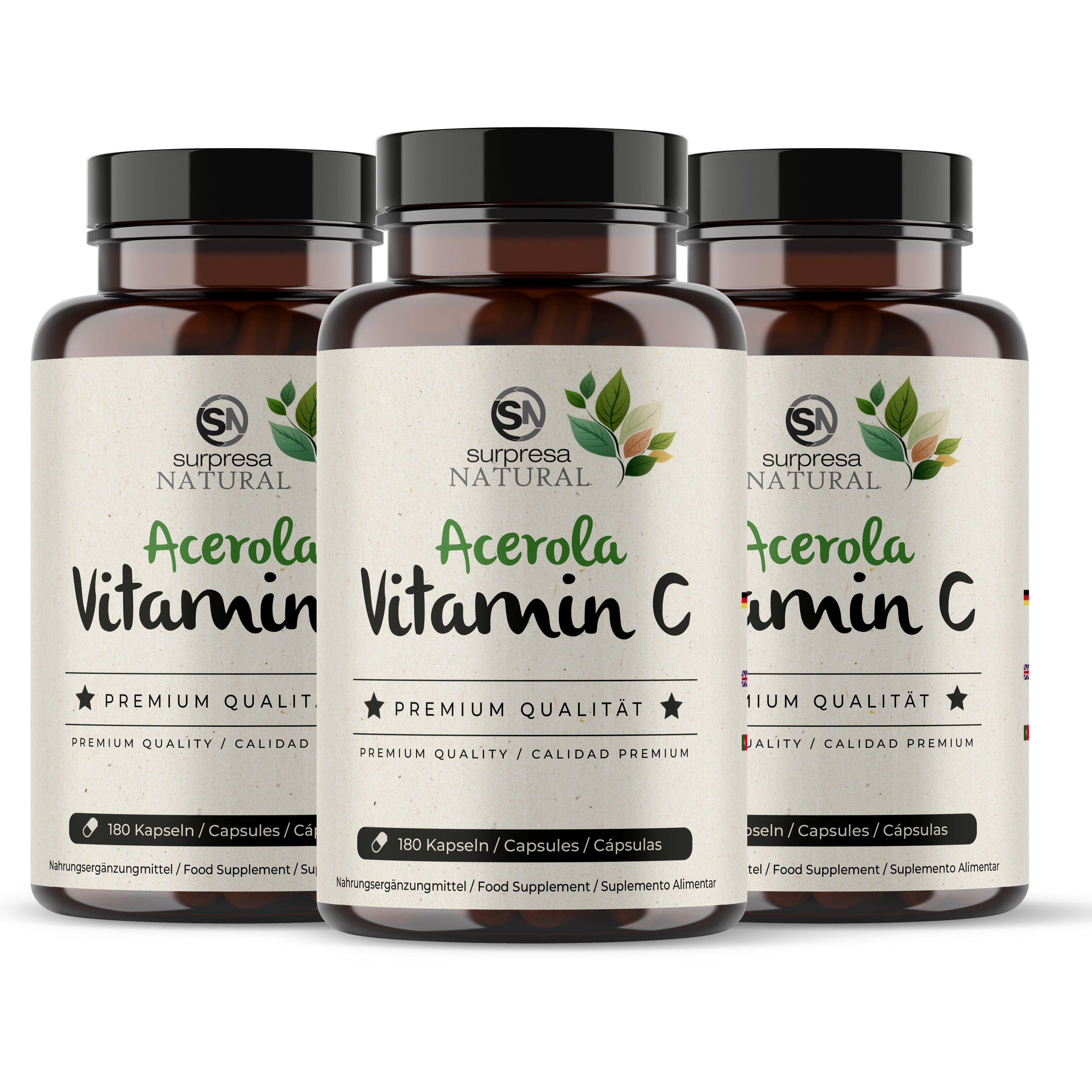 Tre barattoli marroni di capsule di Vitamina C Acerola Surpresa Natural uno accanto all'altro.