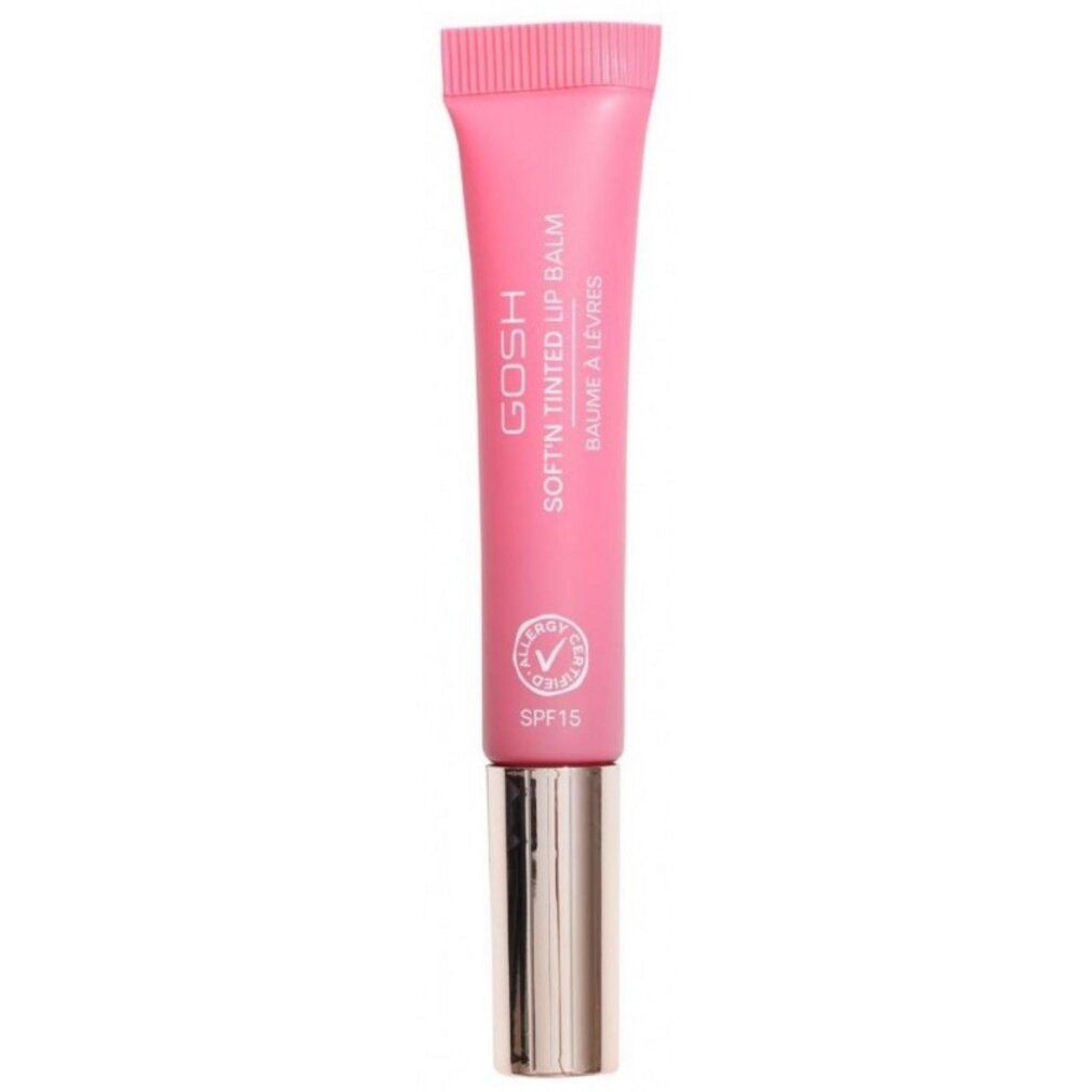 Balsamo labbra rosa in tubo. Scritta: GOSH Soft'n Tinted Lip Balm, SPF 15. Logo di certificazione.