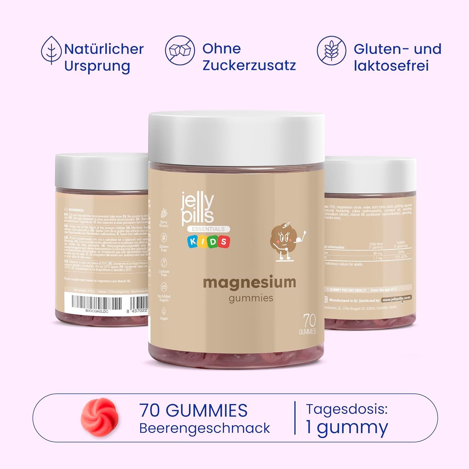Tre barattoli di Jelly Pills Magnesium Gummis. Scritta: 70 caramelle gommose, gusto frutti di bosco. Senza zucchero, senza glutine e lattosio.