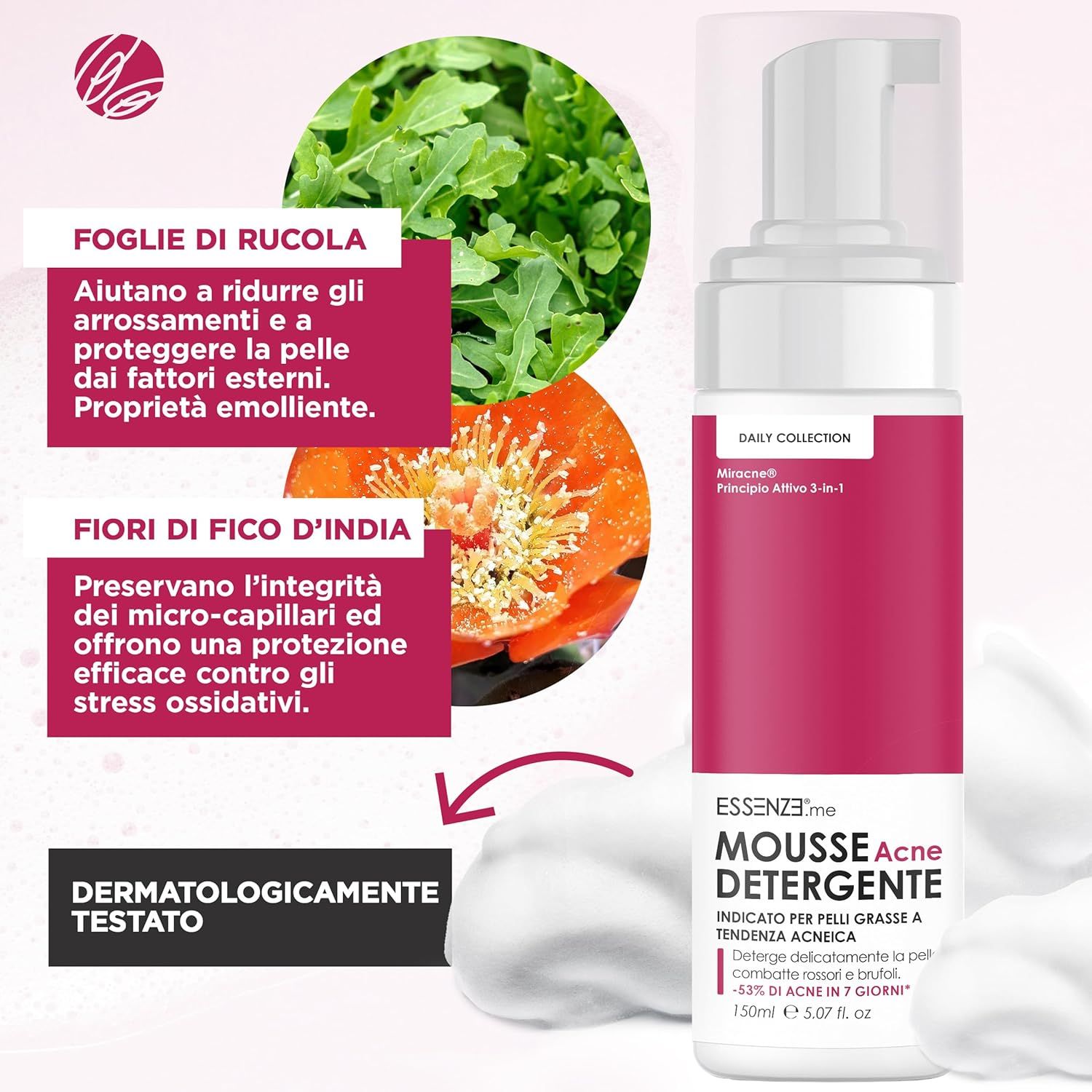 Essenze.me Mousse Detergente Viso Anti Acne per Pelle Grassa, Mista, a Tendenza Acneica - 150 ml