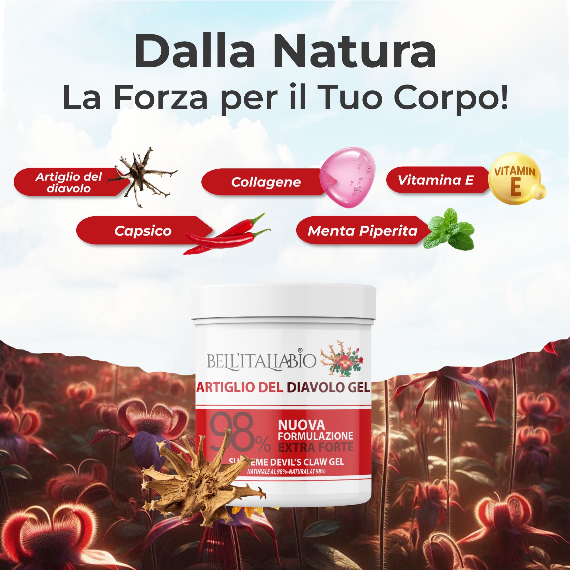 Vasetto bianco con etichetta rossa. Testo: BellItaliabio, Artiglio del Diavolo Gel, 98%. Illustrazioni di ingredienti: artiglio del diavolo, collagene, vitamina E, peperoncino, menta piperita.
