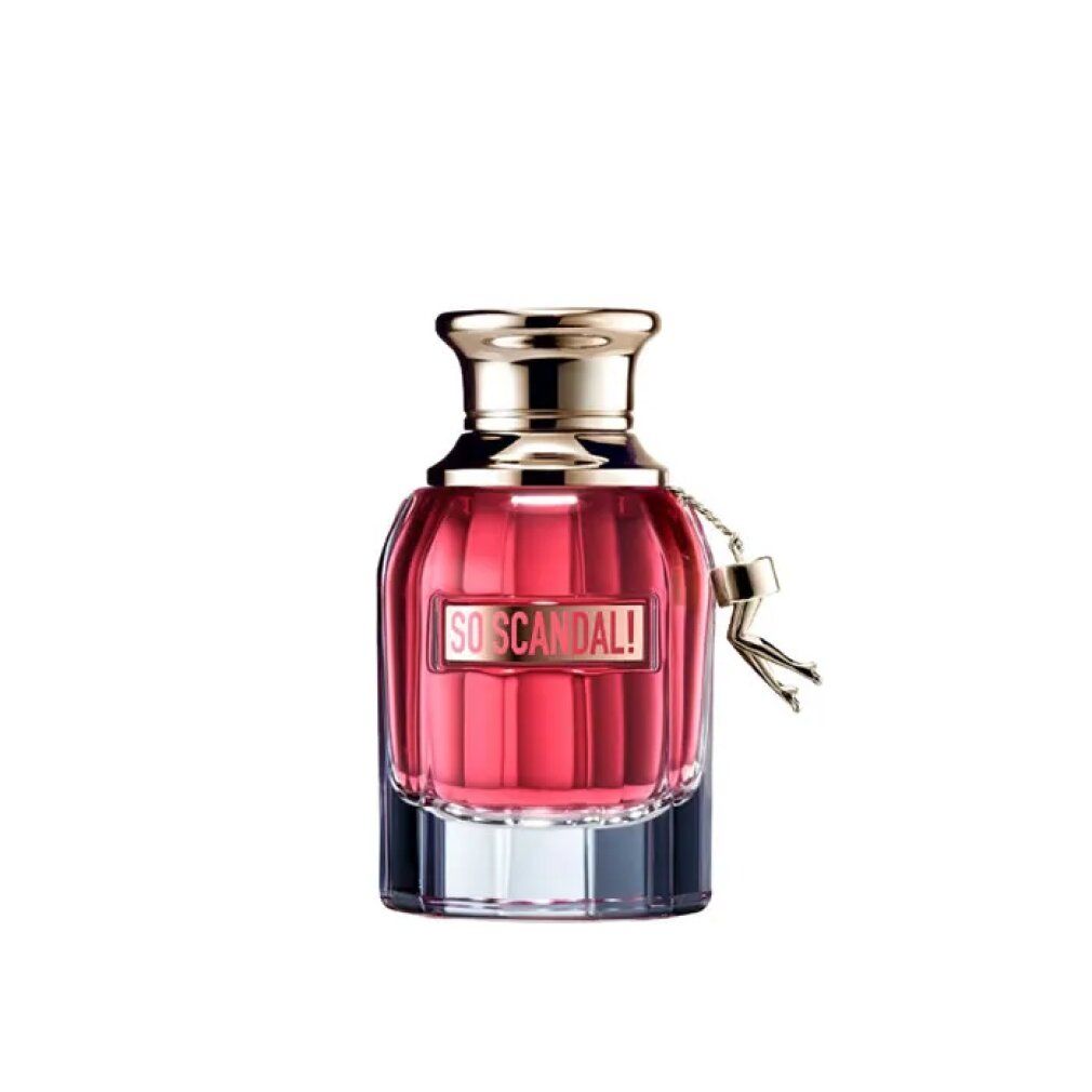 Flacone Jean Paul Gaultier So Scandal! con tappo e ciondolo dorati. Profumo rosso.