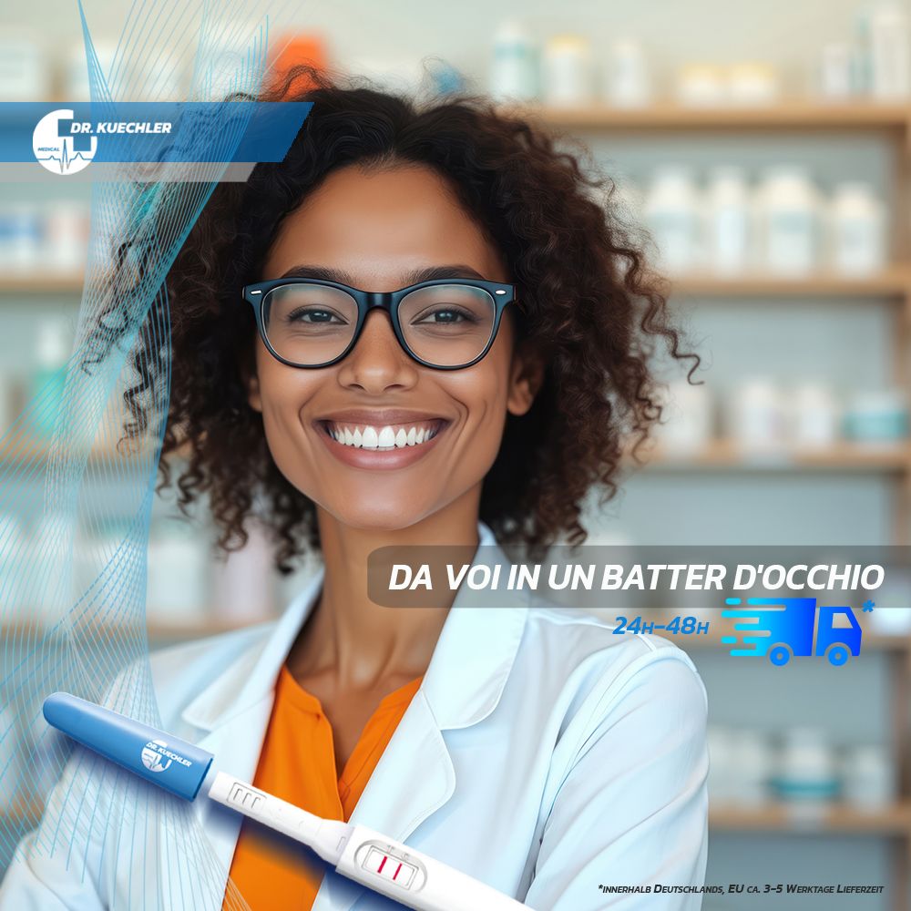 Farmacista sorridente con test di gravidanza. "Da voi in un batter d'occhio".
