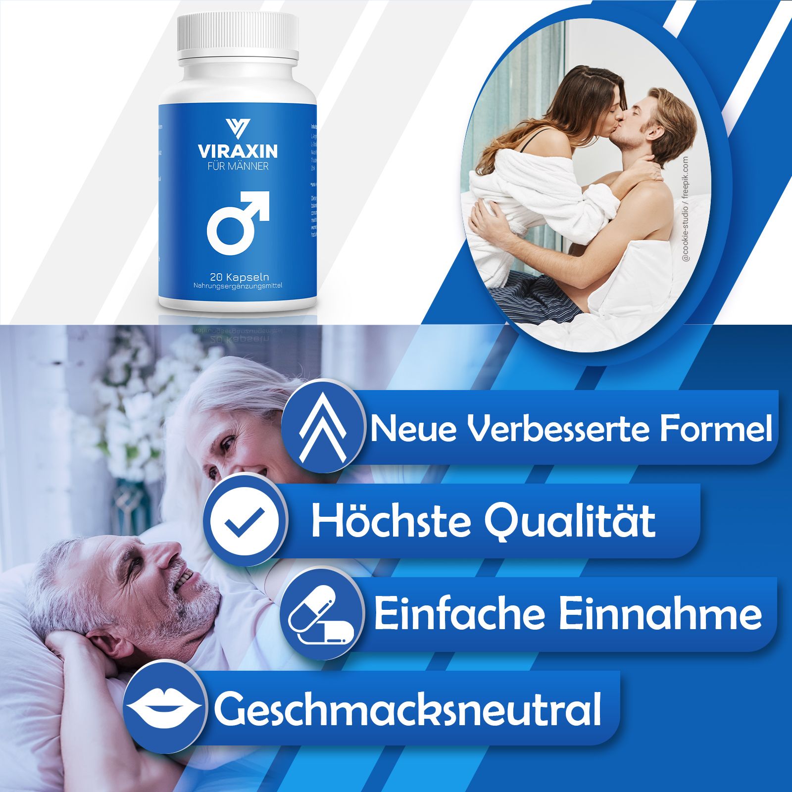 Flacone con etichetta blu, testo: Viraxin für Männer, simbolo maschile, 20 capsule. Sfondo: coppie, testo: Nuova formula migliorata, massima qualità, facile assunzione.