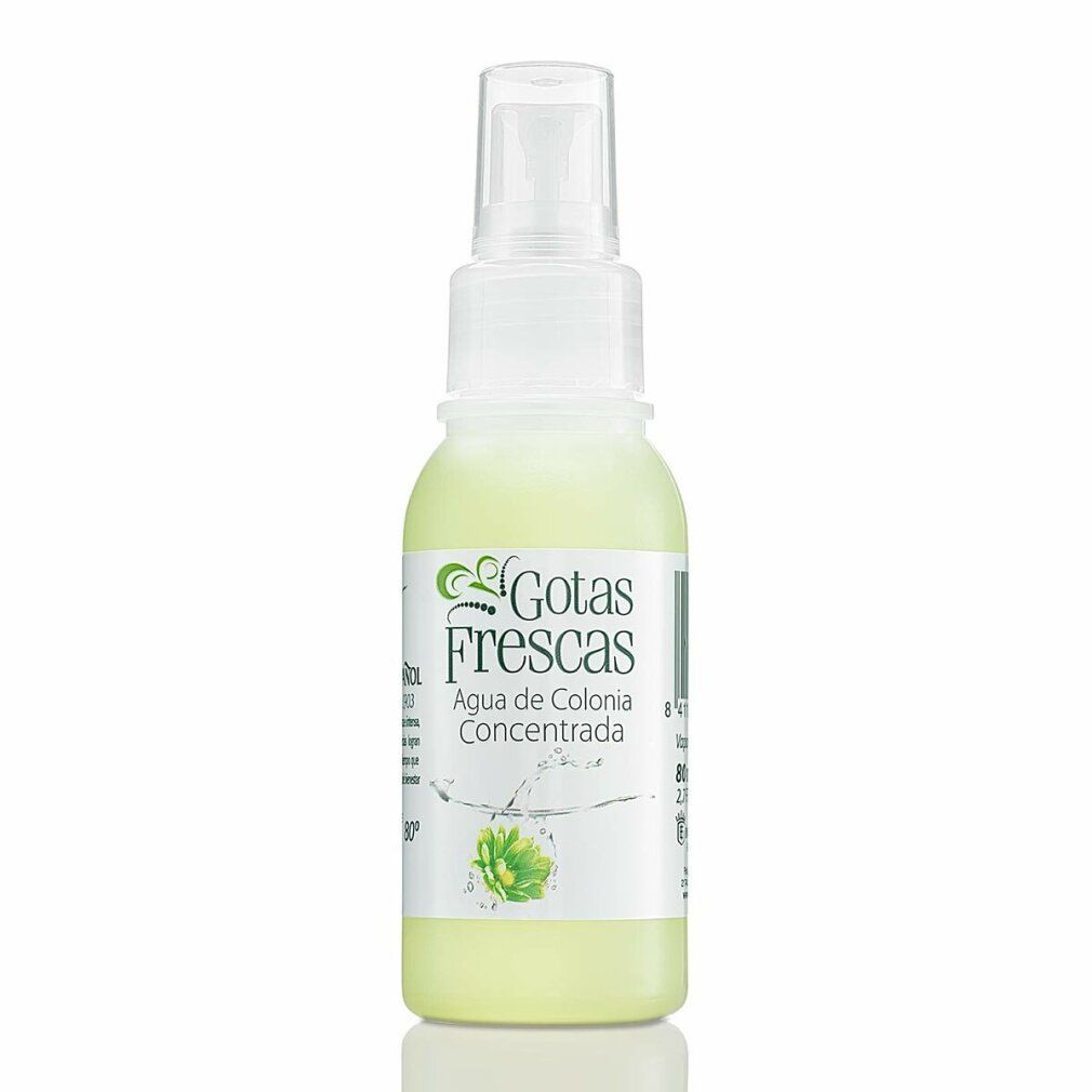Flacone spray bianco con liquido trasparente. Scritta: Gotas Frescas, Agua de Colonia Concentrada.