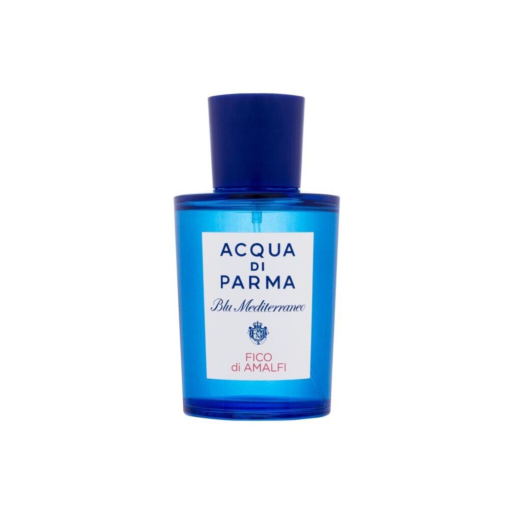 Flacone di profumo blu con etichetta bianca. L'etichetta riporta 'Acqua di Parma Blu Mediterraneo Fico di Amalfi'.