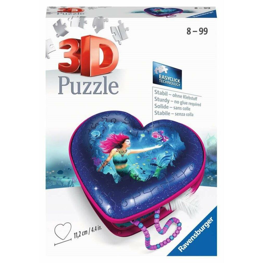 Puzzle 3D a forma di cuore. Motivo sirena. Confezione con immagine e testo del prodotto. Dimensioni: 11,2 cm. Marca: Ravensburger.