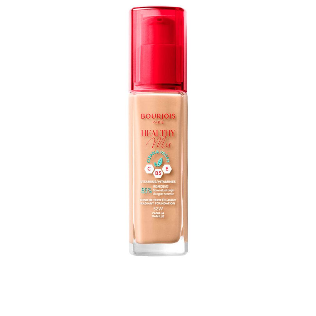 Flacone di fondotinta Bourjois Healthy Mix. Liquido beige, tappo a pompa rosso. Scritta: Healthy Mix, Vitamine.