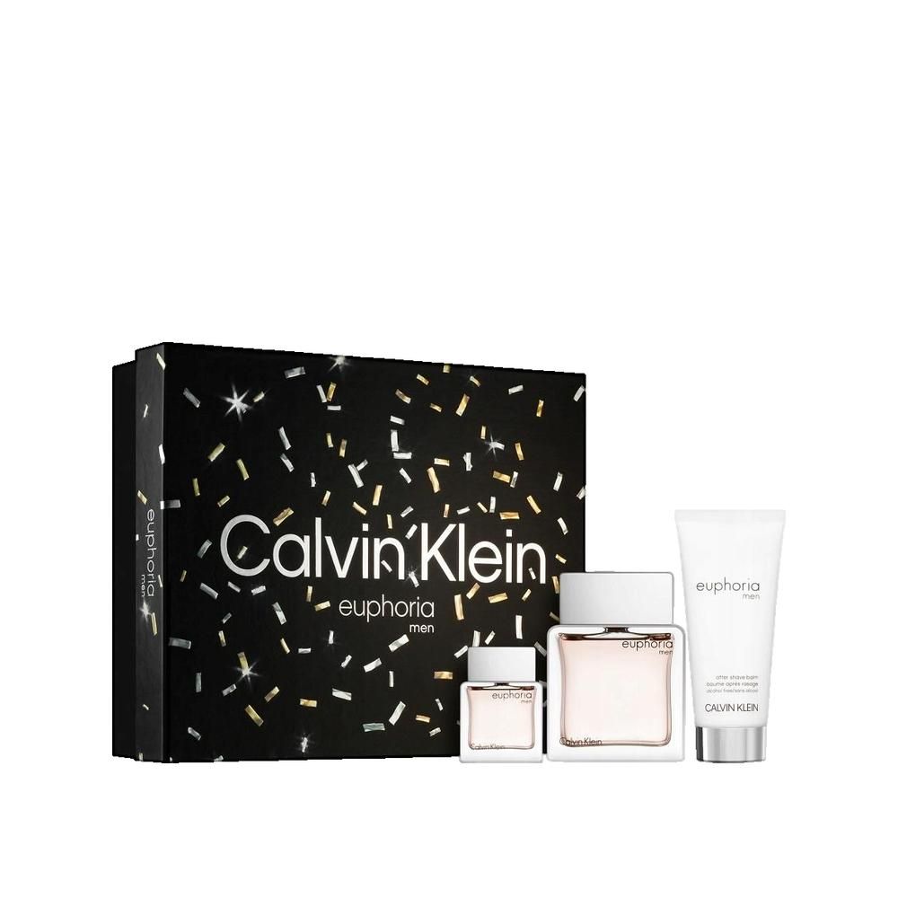 Set regalo Calvin Klein Euphoria Men. Scatola nera, flacone profumo, miniatura e tubo crema.