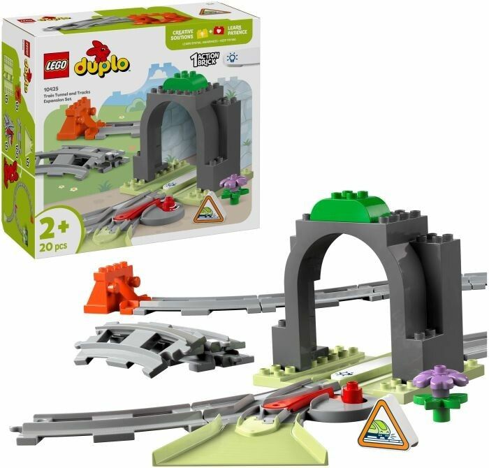 Set di espansione LEGO Duplo con tunnel, binari e accessori. Contiene 20 pezzi. Prodotto e confezione raffigurati.