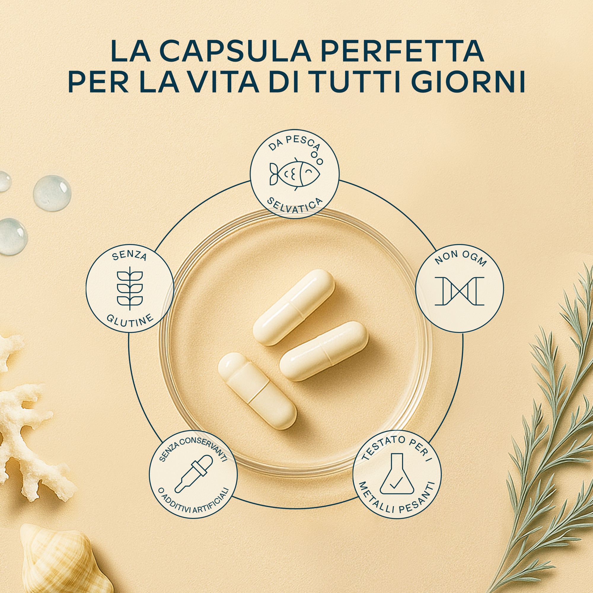 Tre capsule Aavalabs Meereskollagen. Senza glutine, senza additivi, senza OGM, testato per i metalli pesanti.