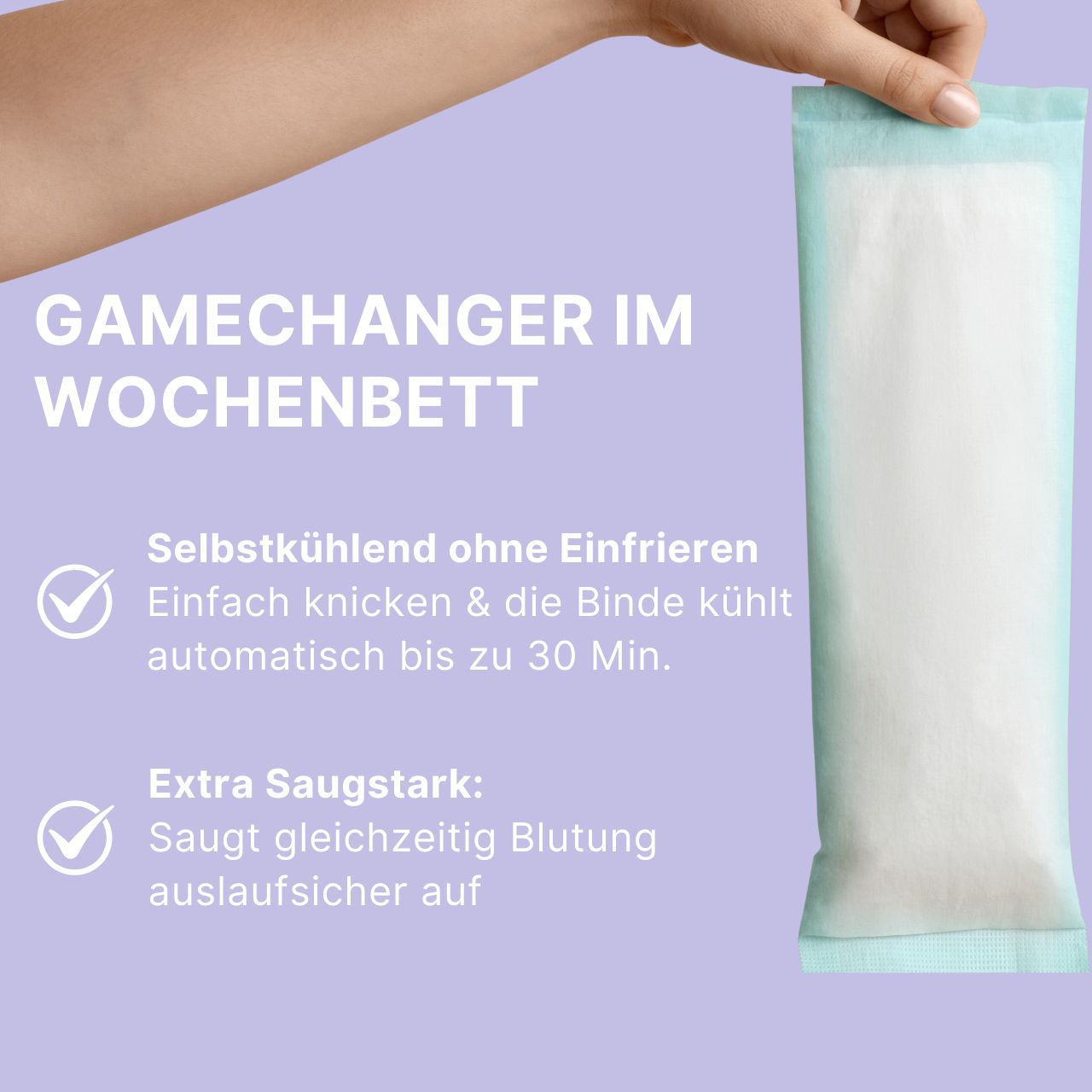 Assorbente rinfrescante in mano. Testo: Autorefrigerante senza congelamento. Extra assorbente. Confezione azzurra.