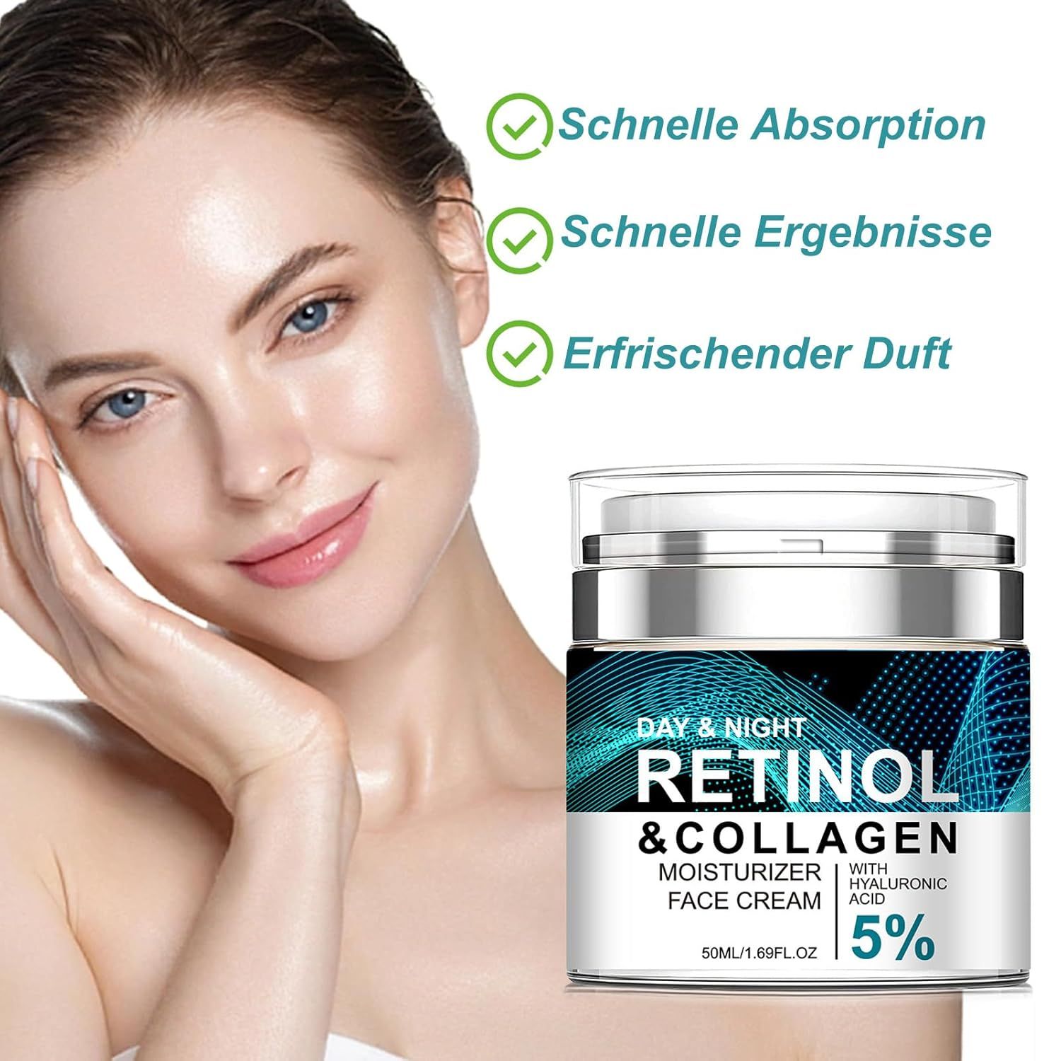 Crema viso Soleneva Retinolo con modella e vasetto prodotto, con benefici.
