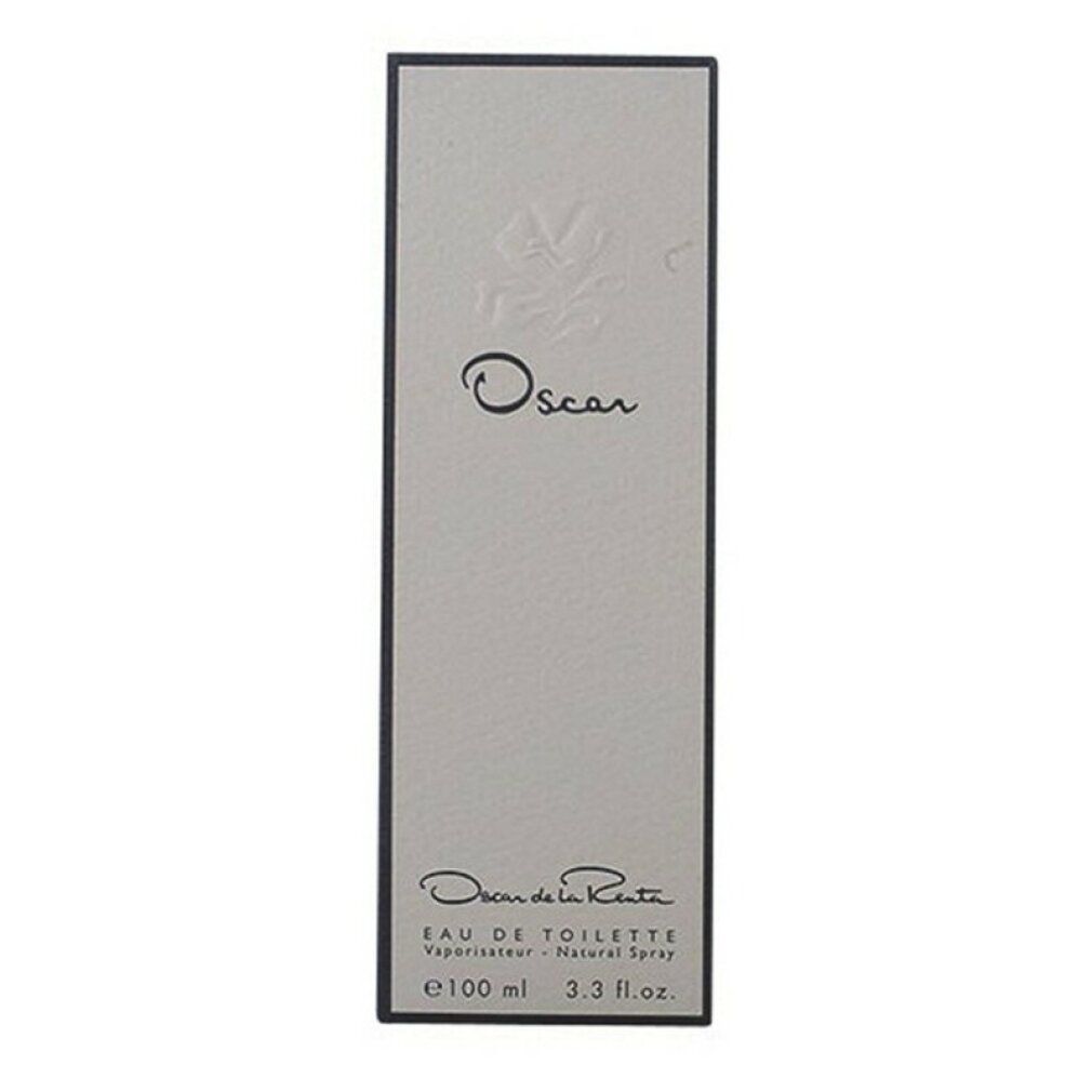 Confezione di profumo. Scritta "Oscar". Logo e testo. Cornice nera. Forma angolare.