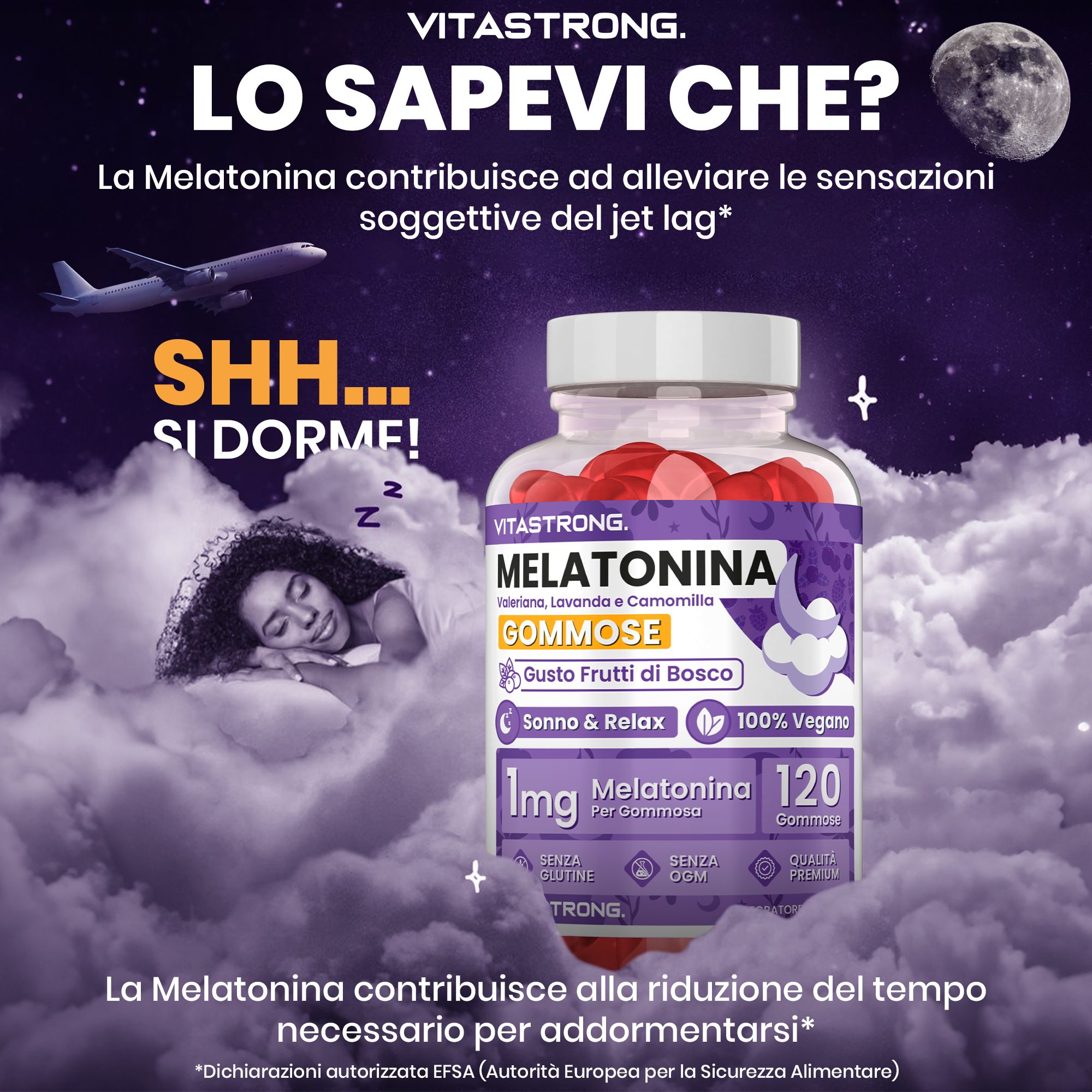 Immagine pubblicitaria con flacone di Melatonin GUMMOSE. Testo: Melatonin, 1mg, 120 caramelle gommose. Sonno & Relax. 100% vegano.