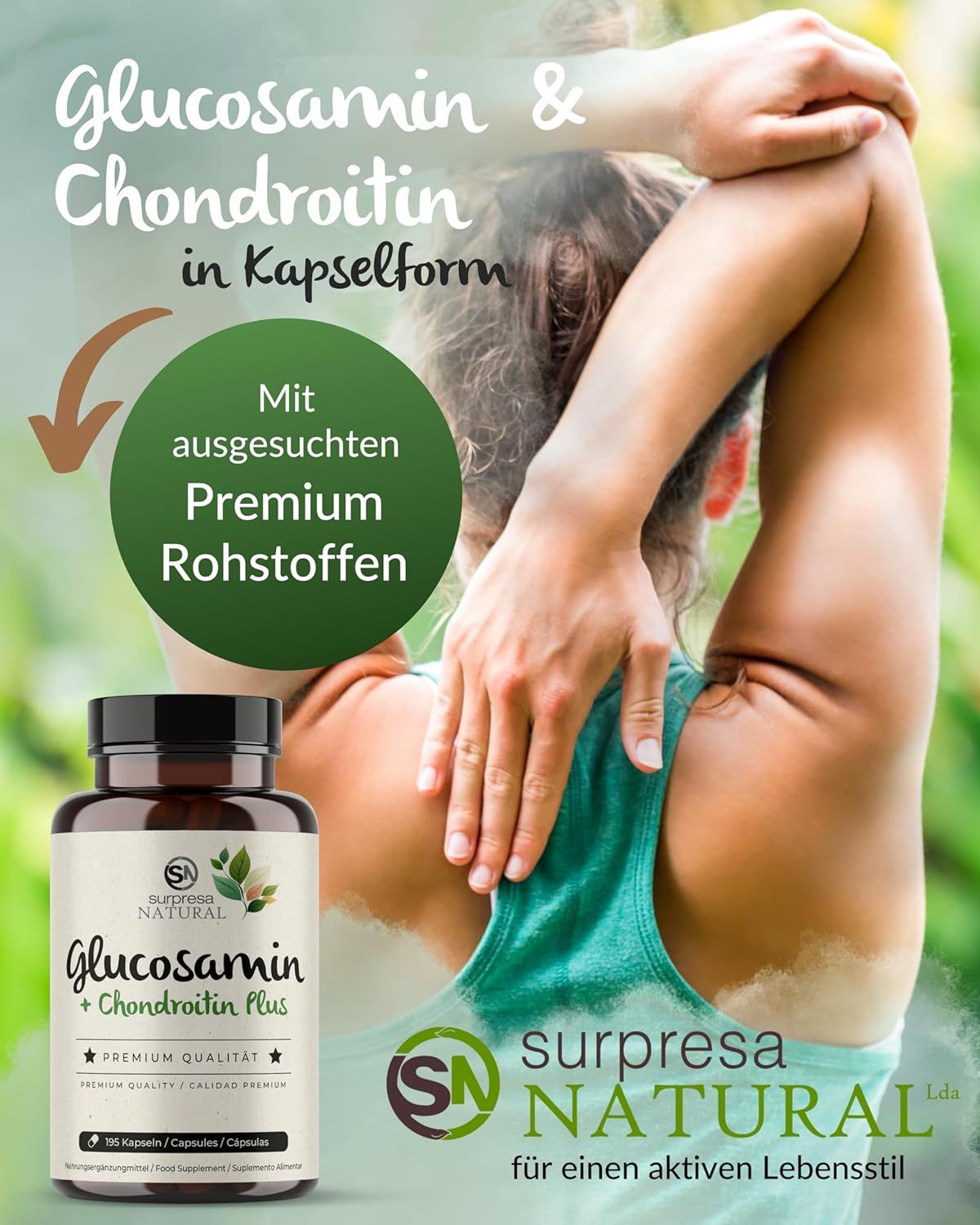 Flacone Glucosamina + Condroitina Plus. Donna che si tocca la spalla. Testo: Per uno stile di vita attivo.