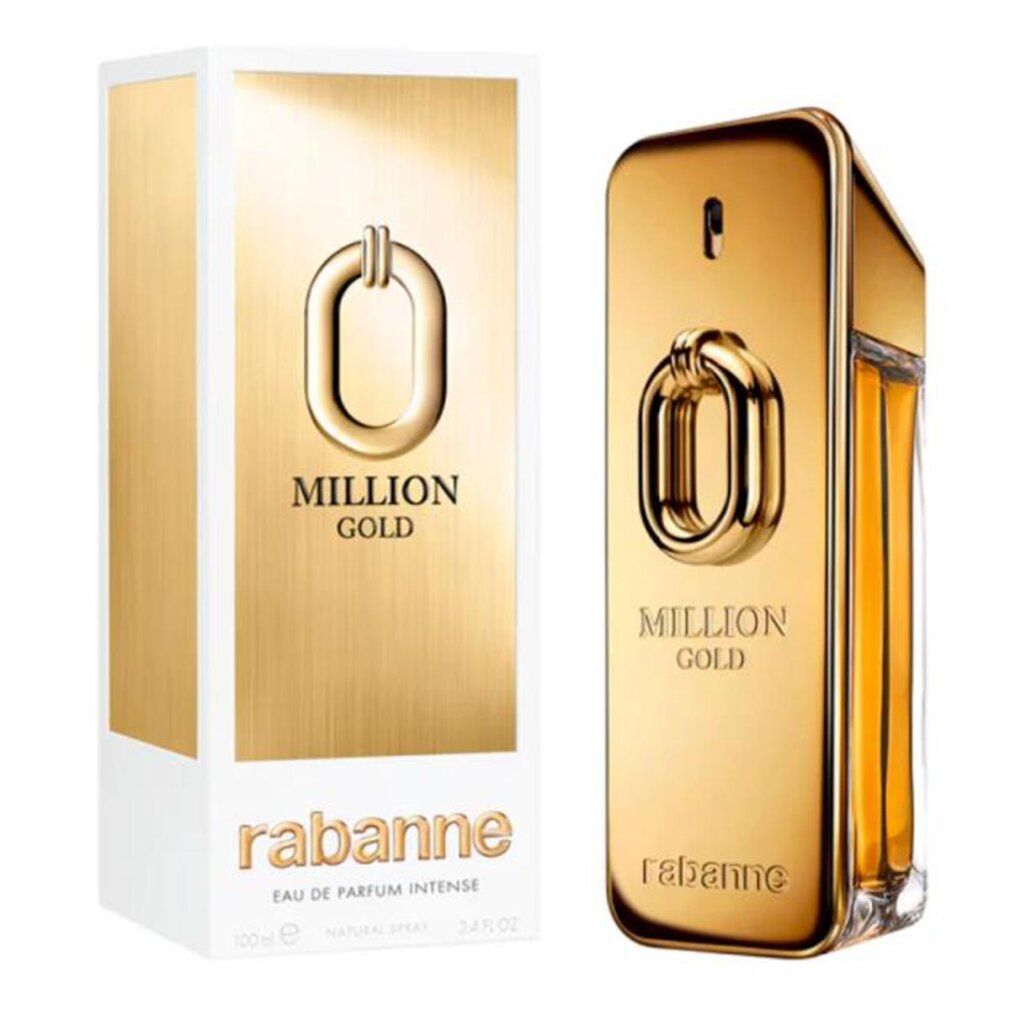 Flacone e confezione dorati. Scritta "Million Gold" e "rabanne". Flacone con vaporizzatore.