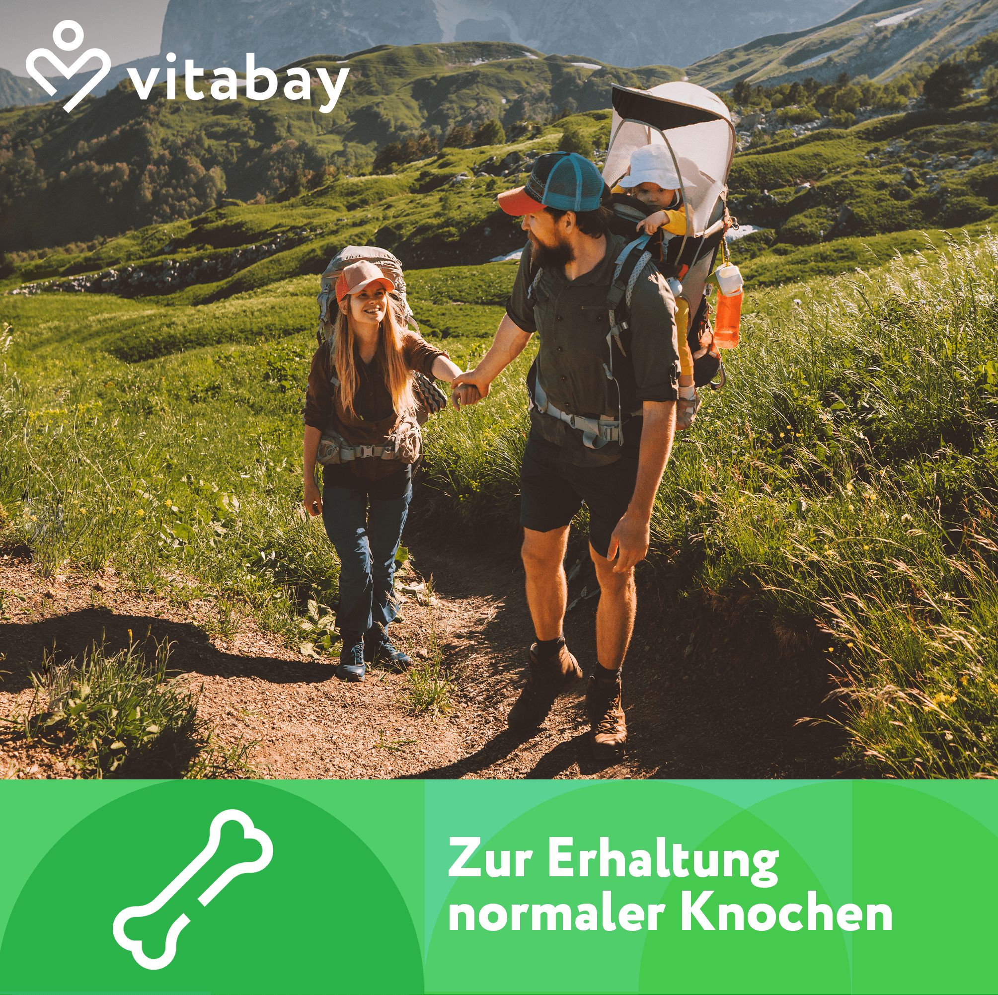 Famiglia in escursione. Genitori per mano, bambino nel marsupio. Testo: Per il mantenimento delle ossa normali. Sfondo verde.