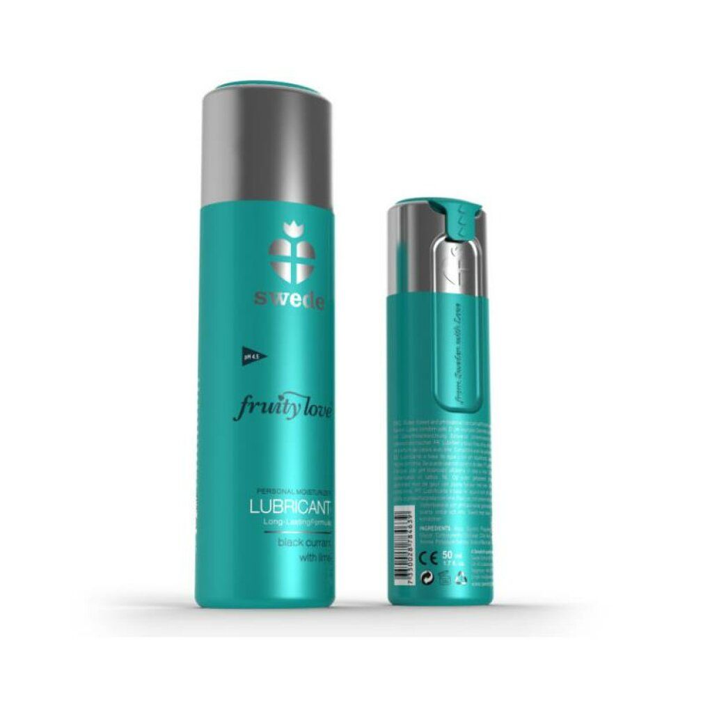 Due flaconi. Turchese con tappo argentato. Scritta: Swede, Fruity Love, Lubricant. Un flacone con codice a barre.