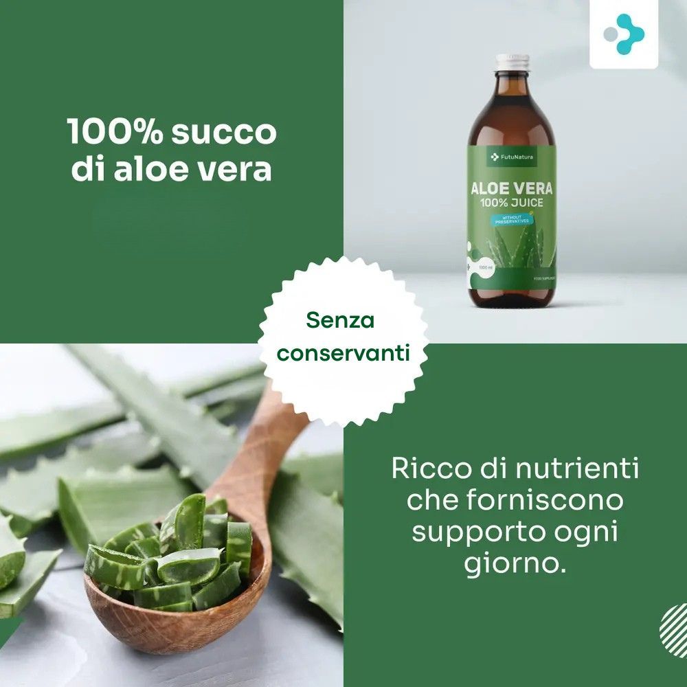 Immagine del prodotto su sfondo verde. Bottiglia di succo di aloe vera. Testo: Senza conservanti. Ricco di nutrienti.