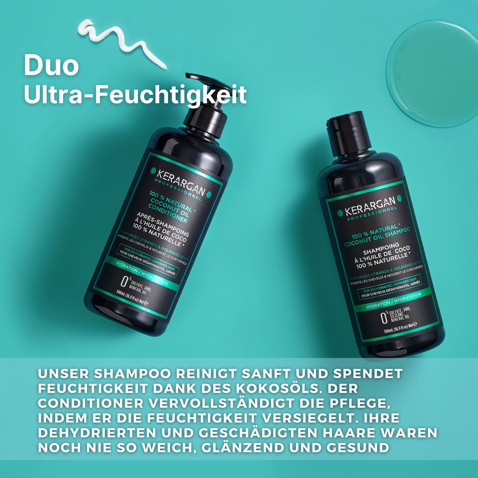 Kerargan - Duo Shampoo & Balsamo Olio di Cocco - Capelli Disidratati - Senza solfati, OGM