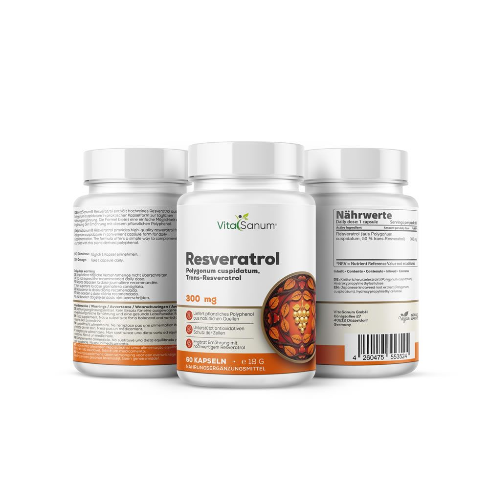 Tre flaconi bianchi con etichette. Scritta: Resveratrolo, 300 mg. Illustrazione di uva. 60 capsule.