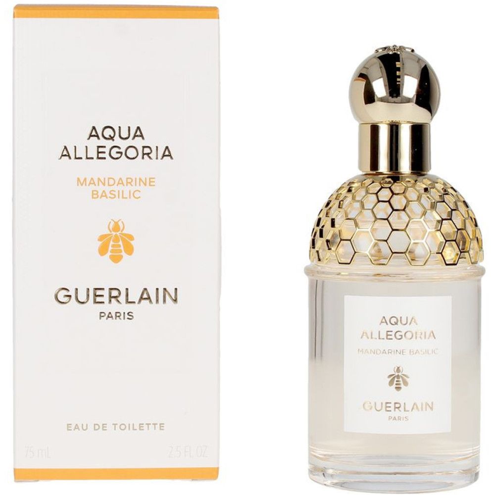 Flacone e confezione. Scritta: Aqua Allegoria Mandarine Basilic, Guerlain Paris. Accenti gialli.
