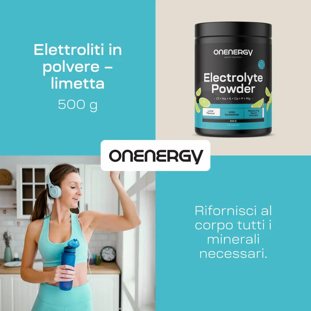 Donna con cuffie e borraccia. Barattolo "ONENERGY Electrolyte Powder". Testo: Elettroliti in polvere – lime. 500 g.